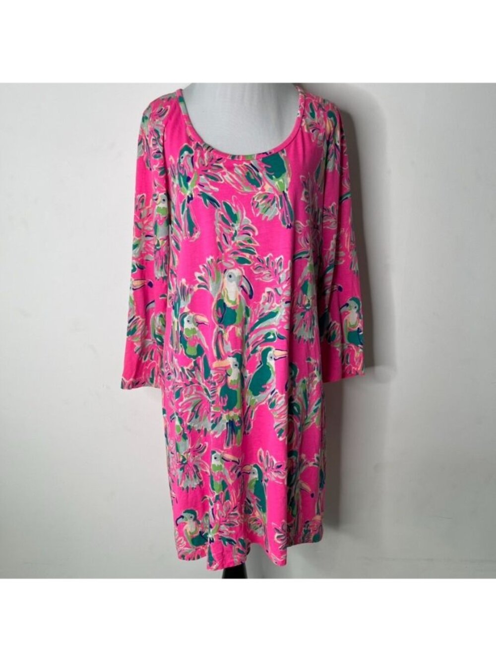 Lilly Pulitzer Beacon Dress Size L Pink Toucan Print Pima Cotton Shift 3/4 Sleev